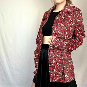 60s 70s Womens Mens Size Large Bohemian Cottagecore Floral Red Black Button Up